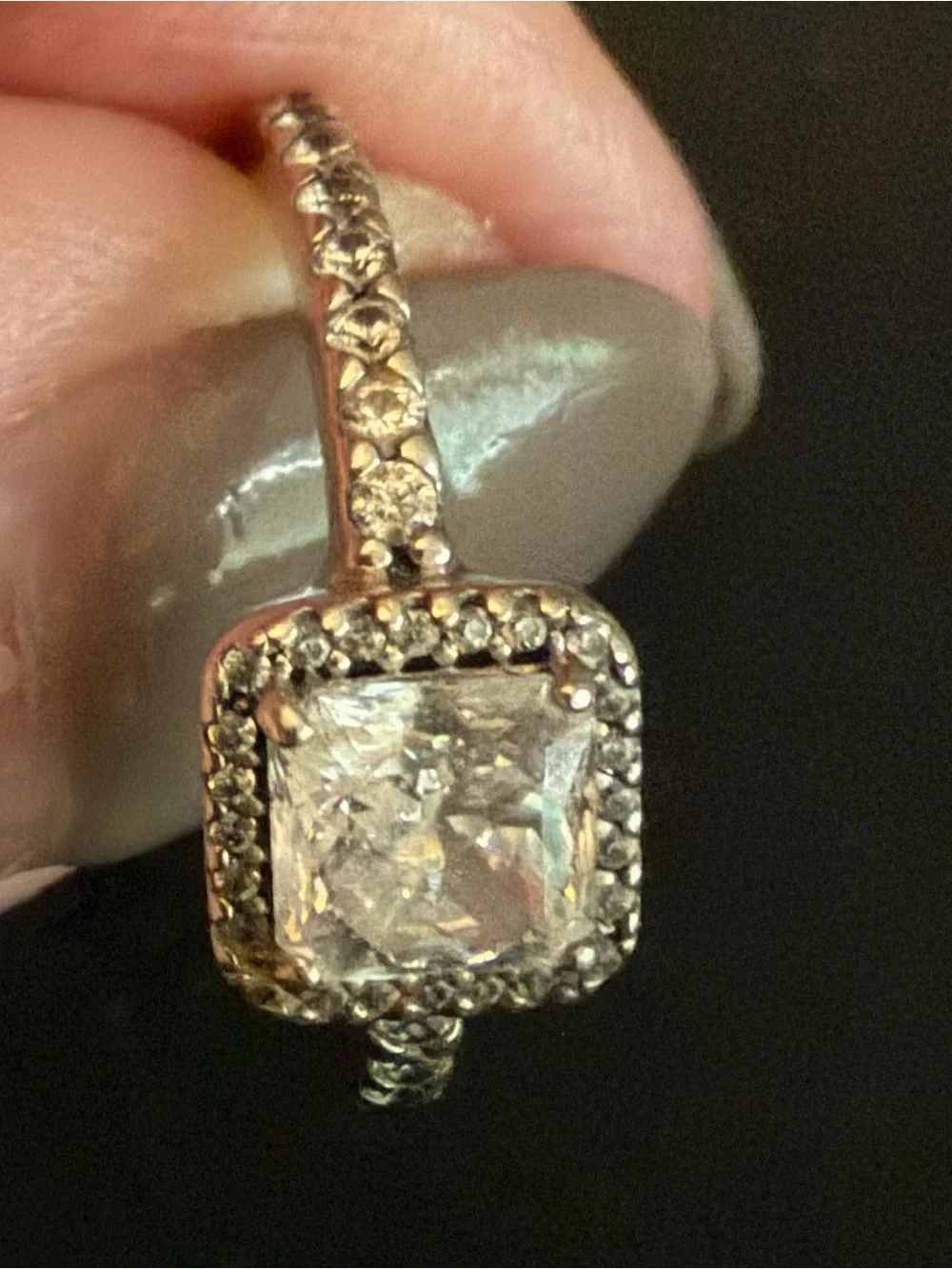 Pandora Size 7  Sterling Silver Ring Square CZ Solitaire in a Halo Setting